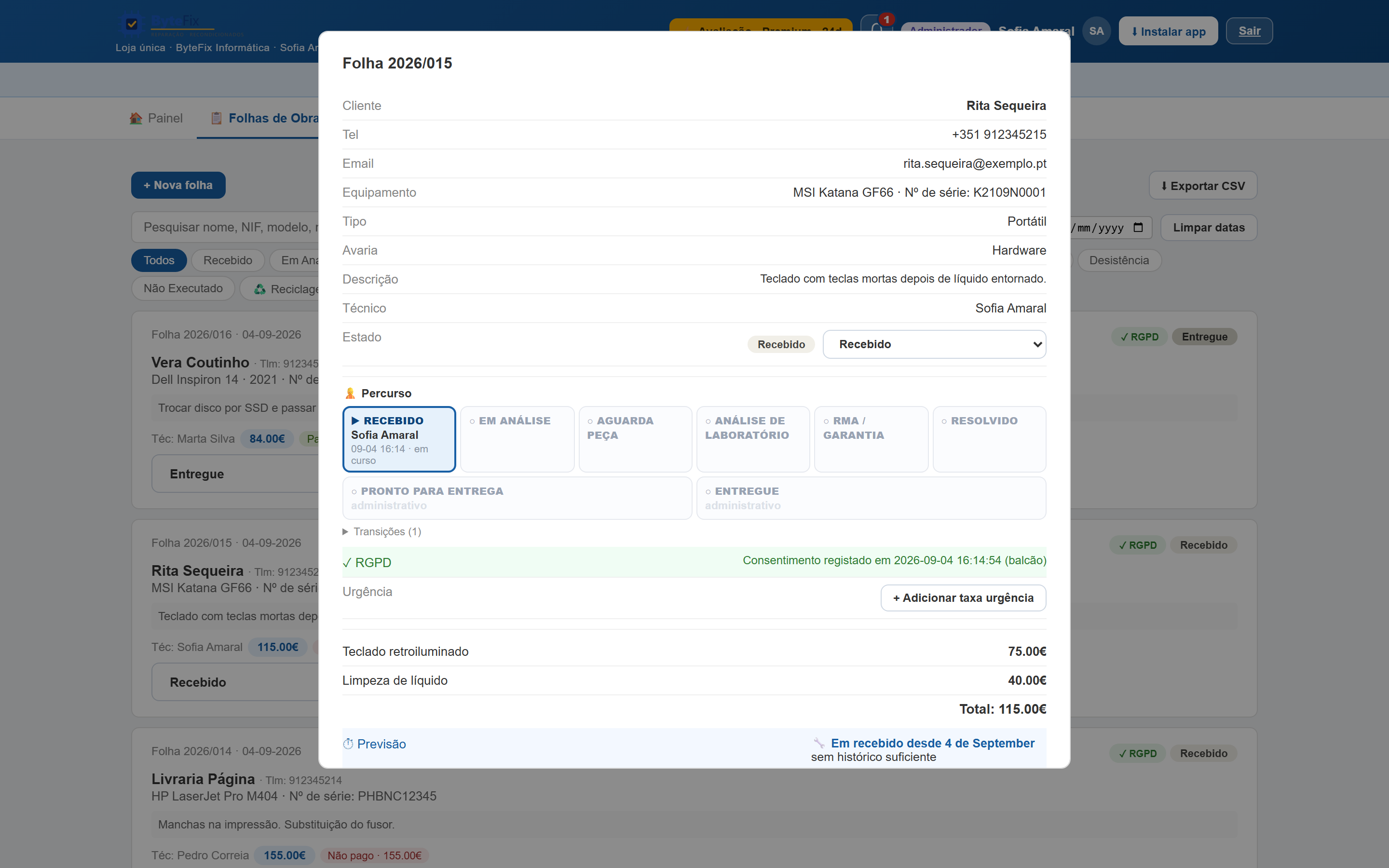 Registe o aparelho, a avaria e o cliente em 30 segundos.