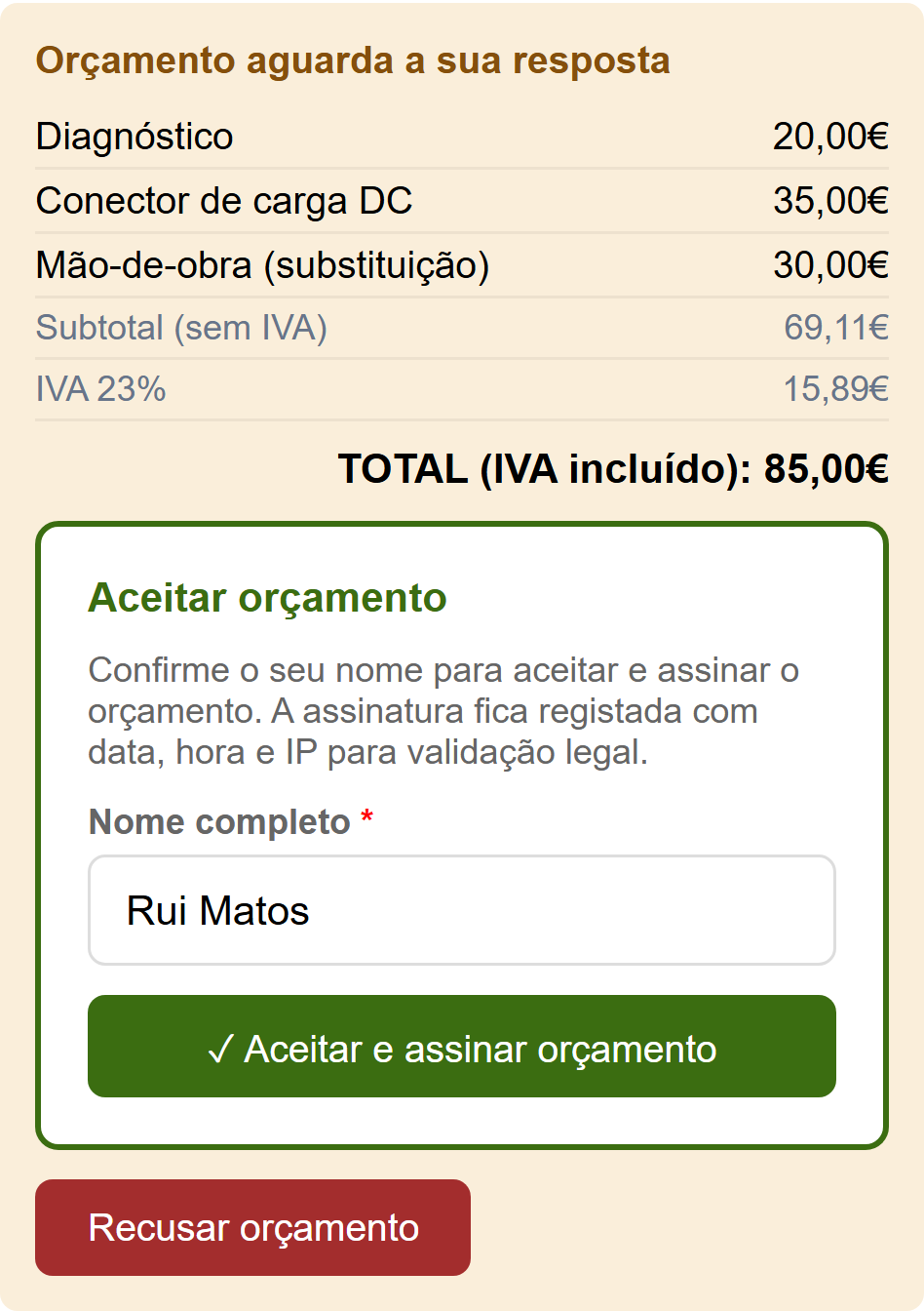 O cliente recebe um link com PIN e aprova sem instalar nada.