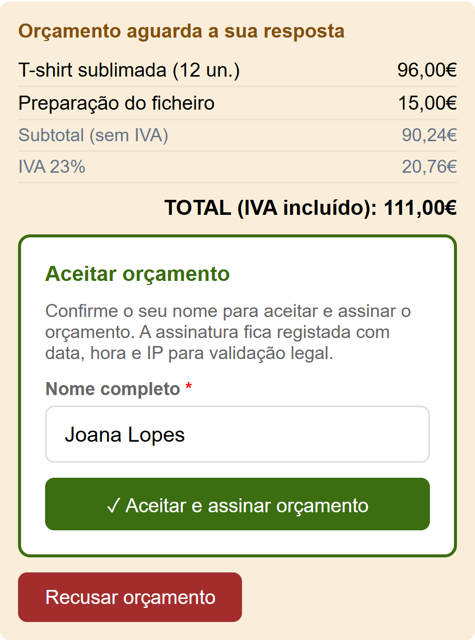 Aprovação, pagamento e factura no mesmo link, sem conta.